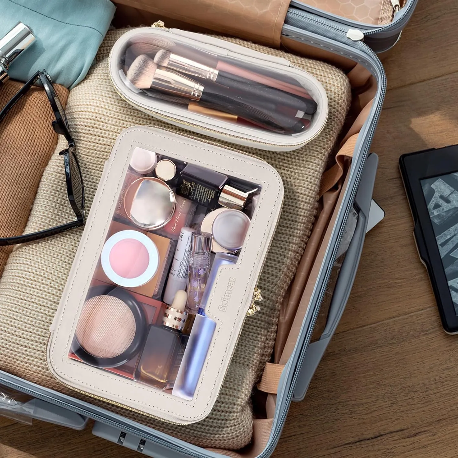 Travel Clear Makeup Bag with Makeup Brush Bag, Leather Makeup Case Toiletry Bag, Portable Cosmetic Bag Case, Transparent Waterproof Cosmetic Organizer Storage Bag for Women, Off-White