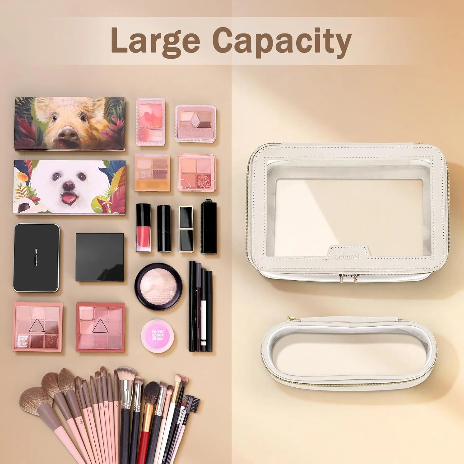 Travel Clear Makeup Bag with Makeup Brush Bag, Leather Makeup Case Toiletry Bag, Portable Cosmetic Bag Case, Transparent Waterproof Cosmetic Organizer Storage Bag for Women, Off-White