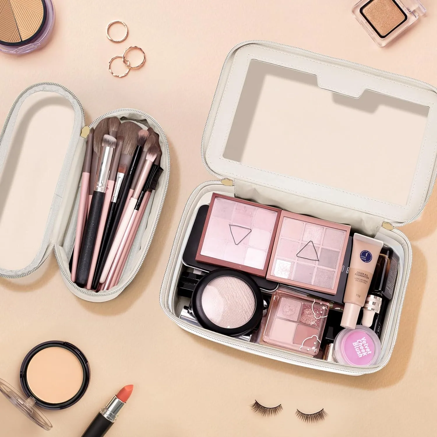 Travel Clear Makeup Bag with Makeup Brush Bag, Leather Makeup Case Toiletry Bag, Portable Cosmetic Bag Case, Transparent Waterproof Cosmetic Organizer Storage Bag for Women, Off-White