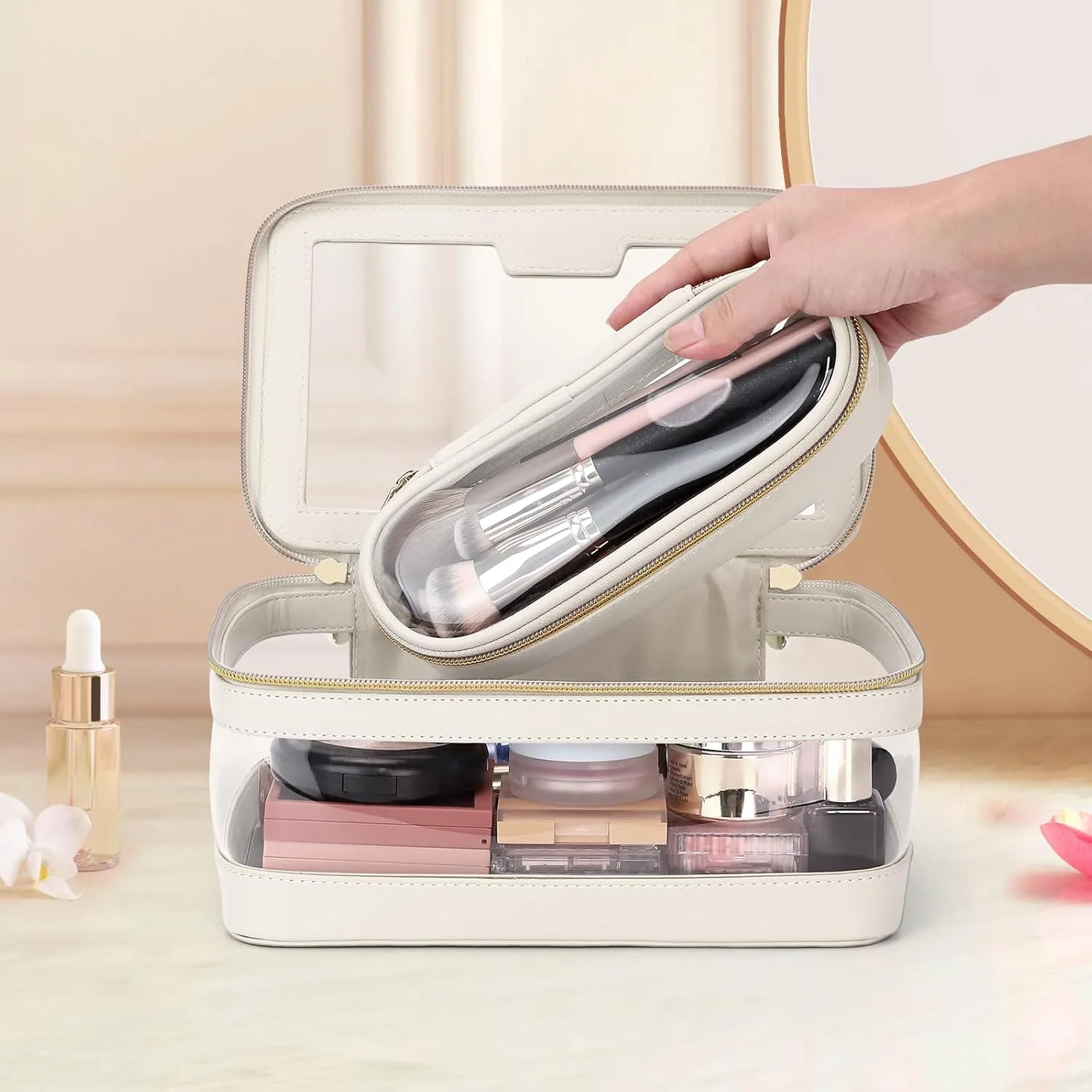 Travel Clear Makeup Bag with Makeup Brush Bag, Leather Makeup Case Toiletry Bag, Portable Cosmetic Bag Case, Transparent Waterproof Cosmetic Organizer Storage Bag for Women, Off-White