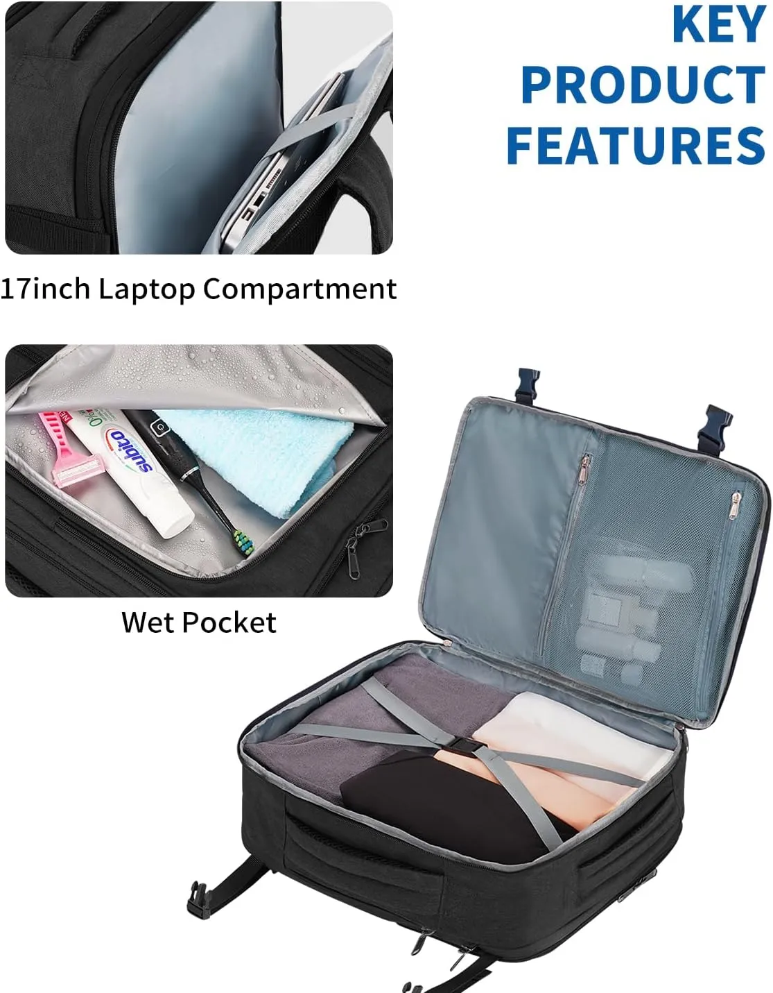 WANDF Expandable 17 Inch Laptop Travel Backpack For Spirit Airlines Personal Item Bag 18x14x8 with Wet Pocket for Men WomenBlack