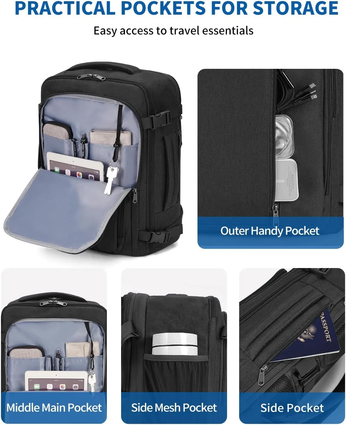 WANDF Expandable 17 Inch Laptop Travel Backpack For Spirit Airlines Personal Item Bag 18x14x8 with Wet Pocket for Men WomenBlack