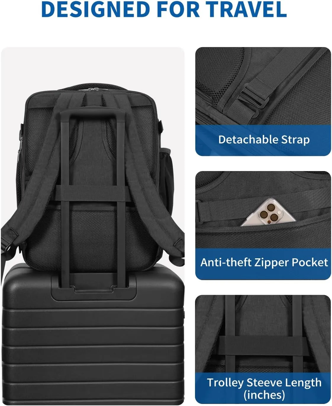 WANDF Expandable 17 Inch Laptop Travel Backpack For Spirit Airlines Personal Item Bag 18x14x8 with Wet Pocket for Men WomenBlack
