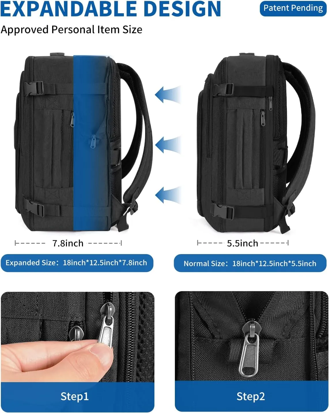 WANDF Expandable 17 Inch Laptop Travel Backpack For Spirit Airlines Personal Item Bag 18x14x8 with Wet Pocket for Men WomenBlack