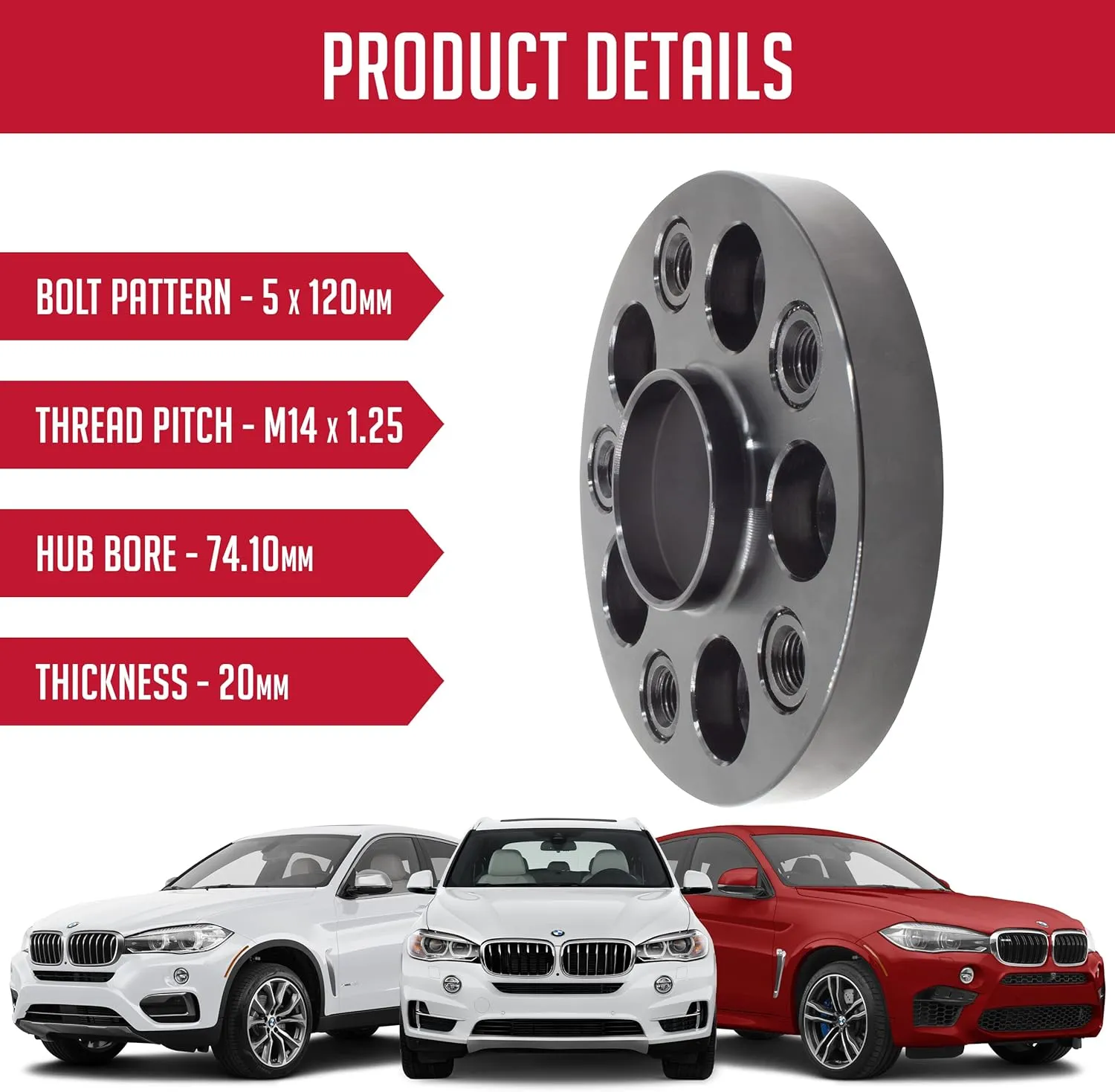 Wheel Accessories Parts 1 Pc Hub Centric European Wheel Spacer 20mm Thick 5 x 120mm PCD 74.10mm Hub M14 x 1.25 Chrome Bolts Fits BMW X5 X6 E70 E71 E72 F15 F16 F85 F86