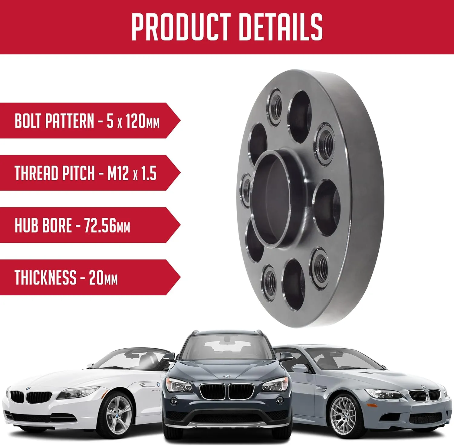 Wheel Accessories Parts 1 Pc Hub Centric European Wheel Spacer with 20mm Thick 5 x 120mm PCD 72.56mm Hub M12 x 1.50 Chrome Bolts Fits BMW E34 E36 E39 E46 E60 E63-64 E90-93
